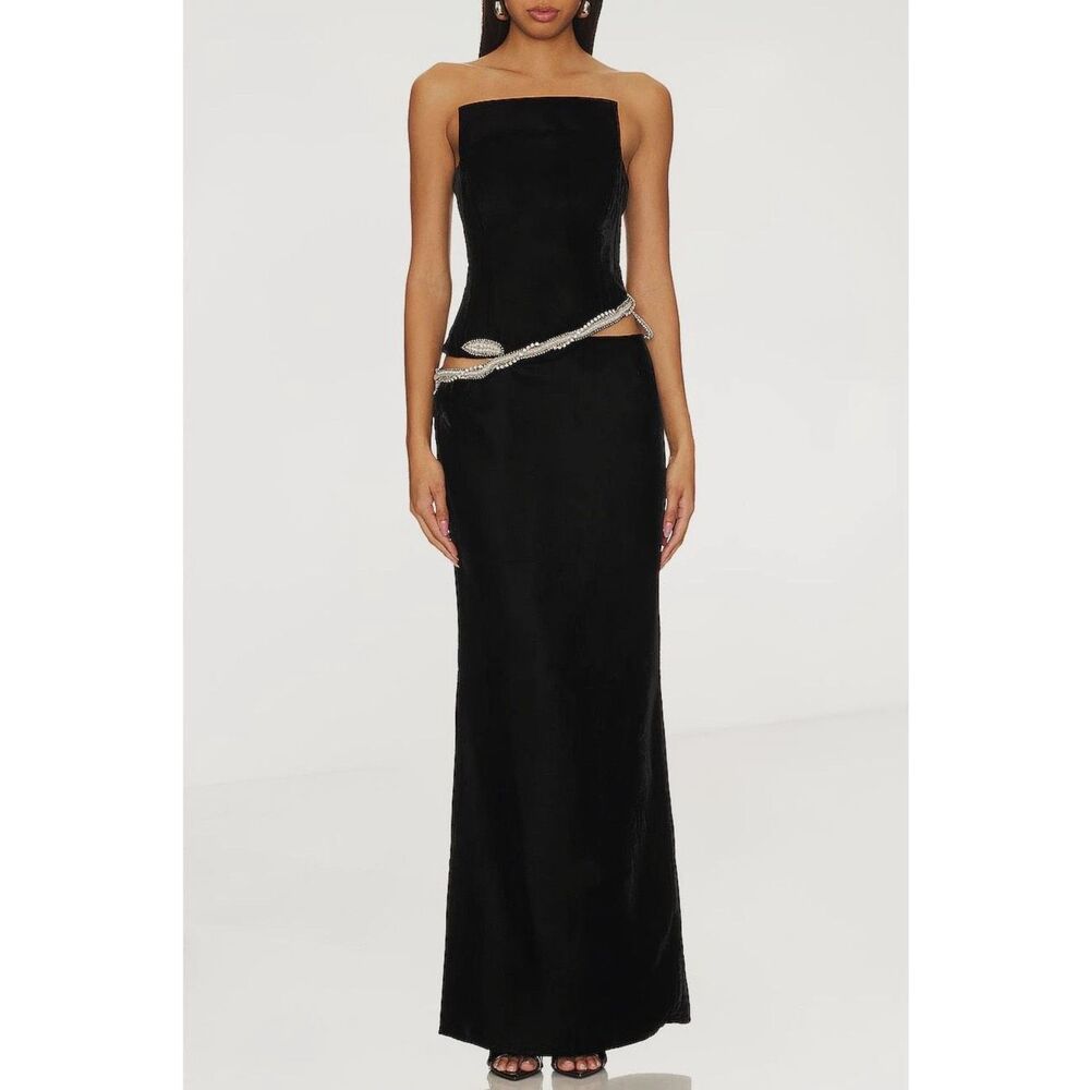 Strapless Black Maxi Dress with Embellished Waist - Picture 2 of 13